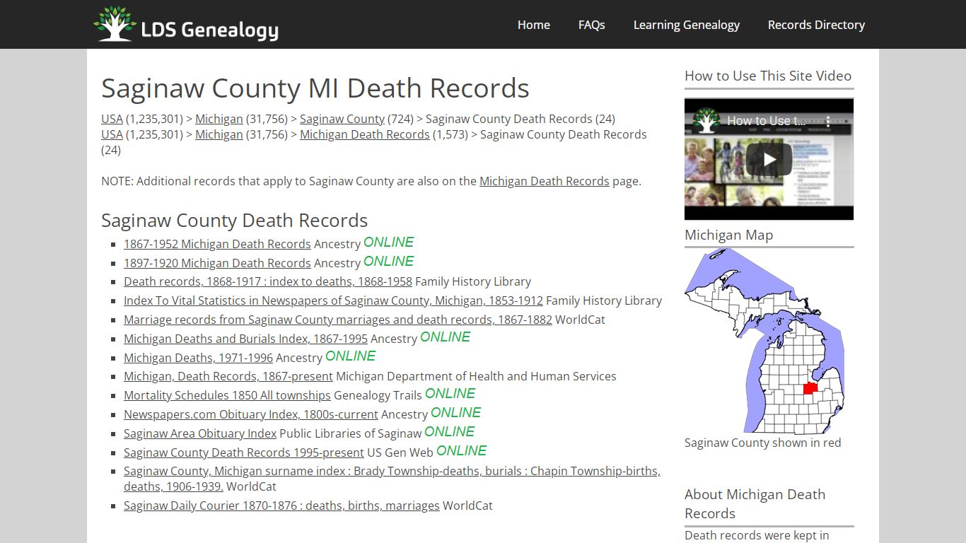 Saginaw County MI Death Records - LDS Genealogy