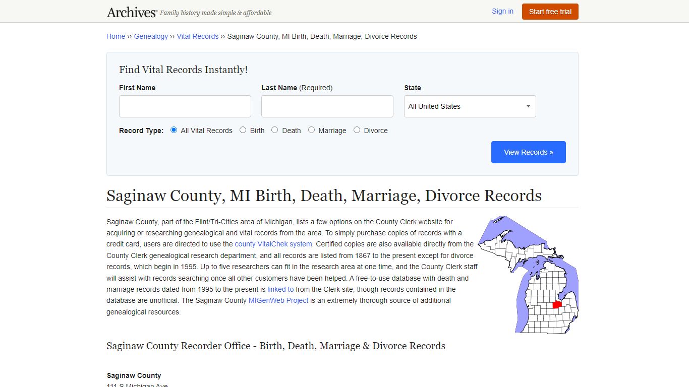 Saginaw County, MI Birth, Death, Marriage, Divorce Records